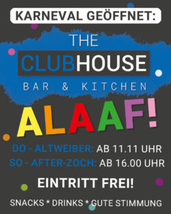 Das Clubhaus Blauweiss ist an WEiberfastnacht und Karnevalssonntag geöffnet.